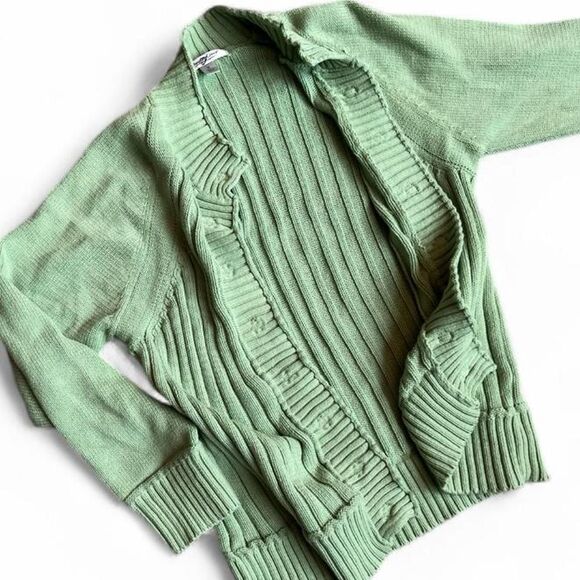 Women's Light Pistachio Green Ribbed -Knit Cotton Cardigan W/Buttons.M. - Picture 1 of 6